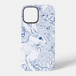 Mooie Blauwe & Witte Konijn Vogel Bloemige Blad Sc iPhone 12 Hoesje