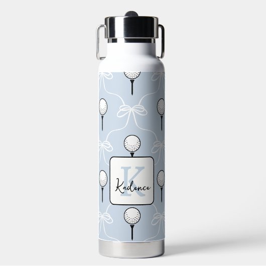 Mooie Blauwe Witte Strik Golf Patroon Monogram Waterfles (Voorkant)