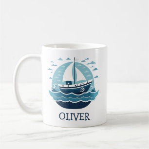Mooie blauwe zeilboot op zee gepersonaliseerd koffiemok