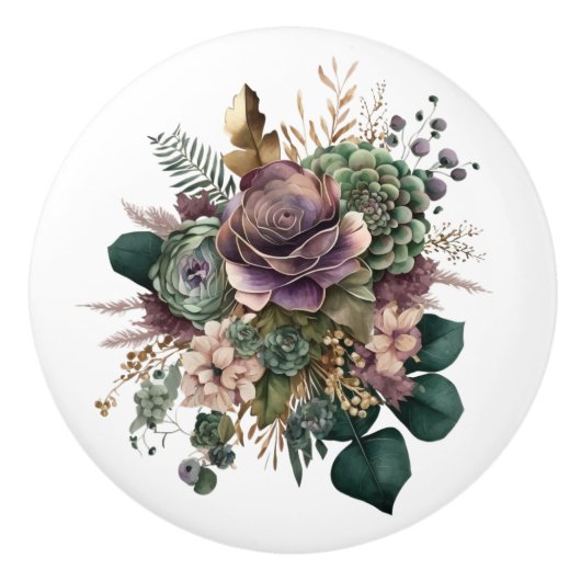 Mooie Blauwgroen en Paarse Mixed Floral Bouquet Keramische Knop (Voorkant)