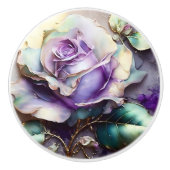 Mooie  Blauwgroen en Paarse Rozen Keramische Knop (Voorkant)