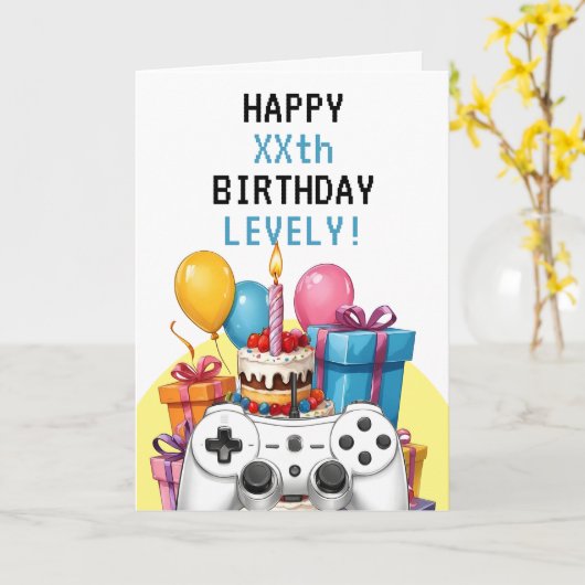 Mooie Blauwgroen en witte Pixel Controller Verjaar Kaart (Gele Bloem)