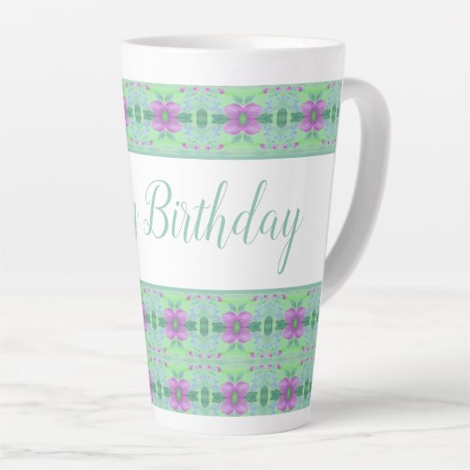 Mooie Blauwgroen Happy Birthday Paarse Bloemige Mo Latte Mok (Rechterhoek)