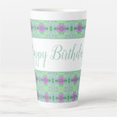 Mooie Blauwgroen Happy Birthday Paarse Bloemige Mo Latte Mok (Voorkant)