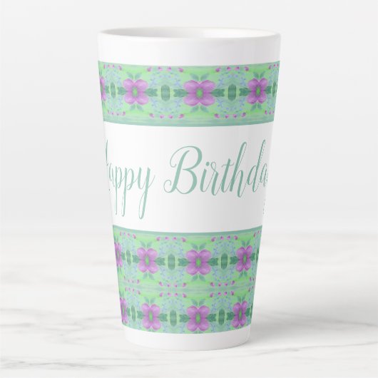 Mooie Blauwgroen Happy Birthday Paarse Bloemige Mo Latte Mok (Voorkant)