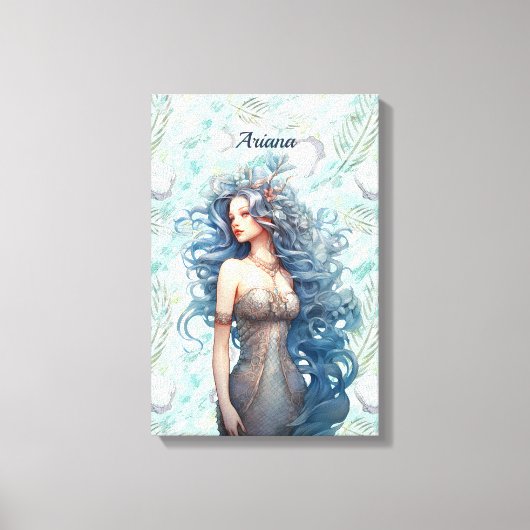 Mooie blauwharige zeemeermin canvas afdruk (Voorkant)