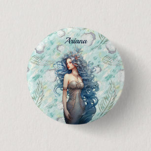 Mooie blauwharige zeemeermin ronde button 3,2 cm