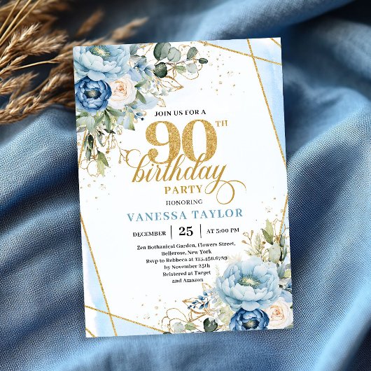 Mooie bleke blauwe gouden bloemen 90ste verjaardag kaart