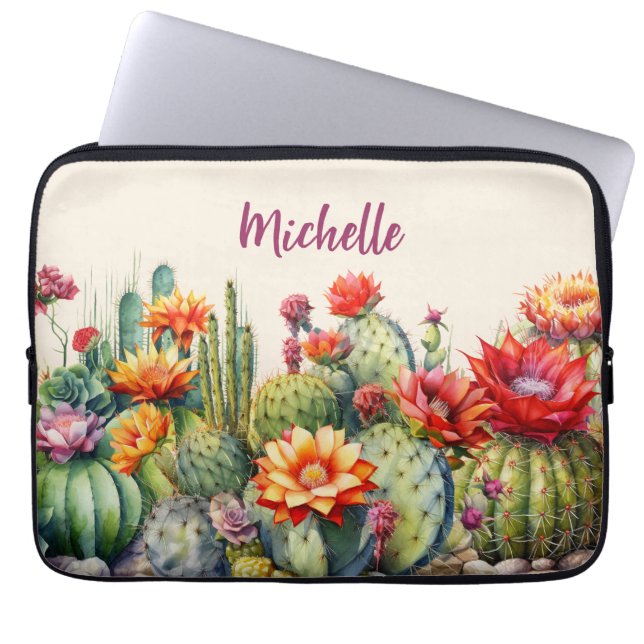 Mooie bloeiende cactussen met naam laptop sleeve (Voorkant)