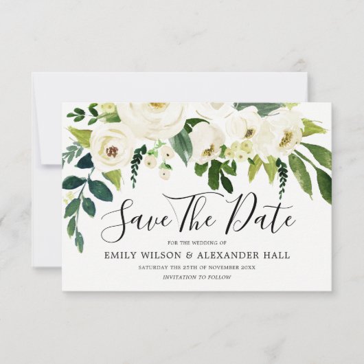 Mooie bloeiende witte flora bespaart de datum save the date (Voorkant)