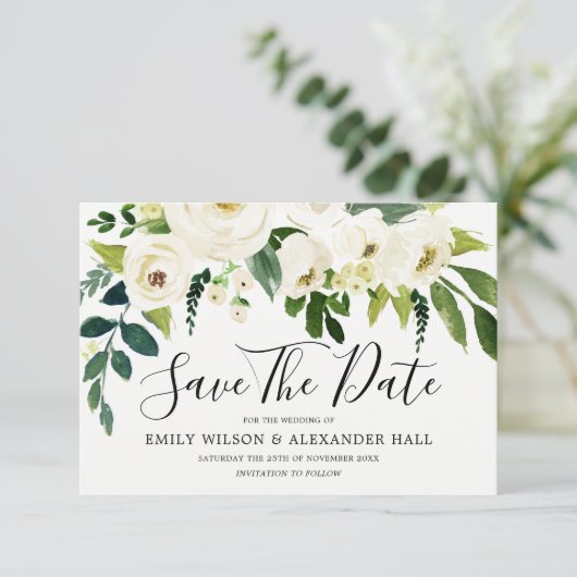 Mooie bloeiende witte flora bespaart de datum save the date (Staand voorkant)