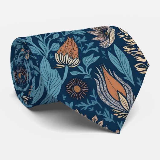 Mooie bloem in blauw en beige stropdas (Opgerold)