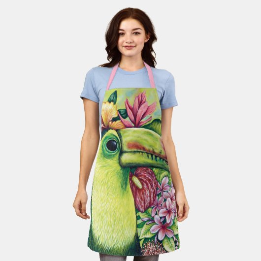 Mooie bloem Toucan Grappige groene roze schort (Gedragen)