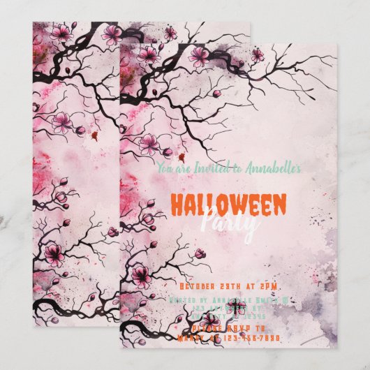 Mooie Bloemboom Roze Halloween Party Kaart (Voorkant / Achterkant)