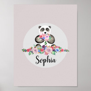 Mooie Bloemen Aquarel Panda en Naam Meisjes Poster