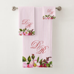 Mooie bloemen Elegant monogram PInk Stripes Bad Handdoek