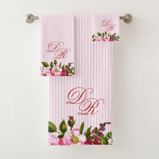 Mooie bloemen Elegant monogram PInk Stripes Bad Handdoek (Insitu)