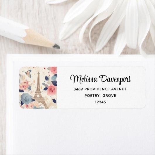 Mooie bloemen en Eiffeltoren Parijs Adres Etiket (Insitu)