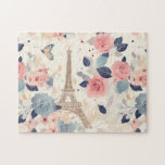 Mooie bloemen en Eiffeltoren Parijs Legpuzzel<br><div class="desc">Een puzzel met een prachtig Frans themapatroon.  bloemen en een Eiffeltoren en vlinders. Kleuren zijn roze,  blauw,  perzik en crème.</div>