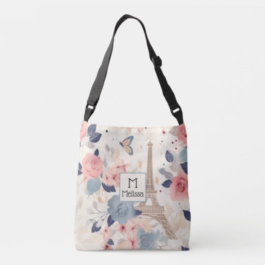 Mooie bloemen en Eiffeltoren Parijs Monogram Crossbody Tas (Achterkant)