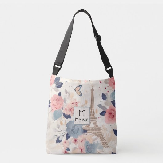 Mooie bloemen en Eiffeltoren Parijs Monogram Crossbody Tas (Voorkant)