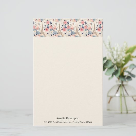 Mooie bloemen en Eiffeltoren Parijs Patroon Briefpapier (Staand voorkant)