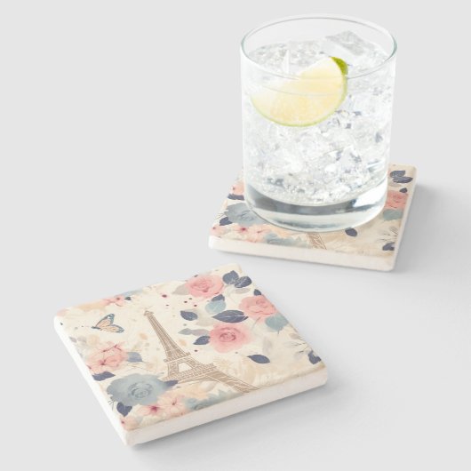 Mooie bloemen en Eiffeltoren Parijs Stenen Onderzetter (Zijkant)