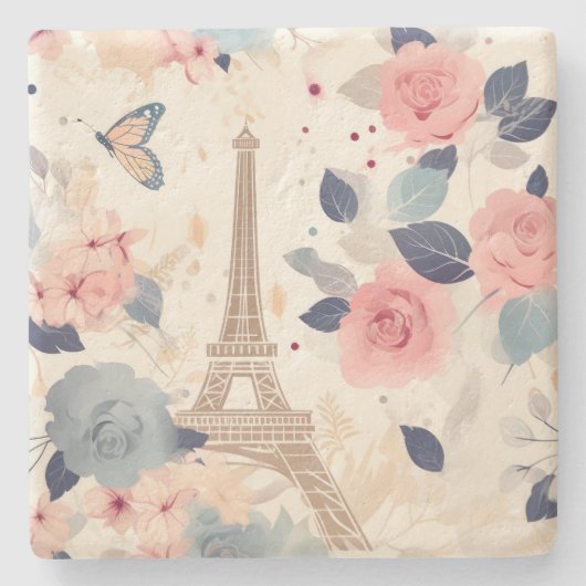 Mooie bloemen en Eiffeltoren Parijs Stenen Onderzetter (Voorkant)