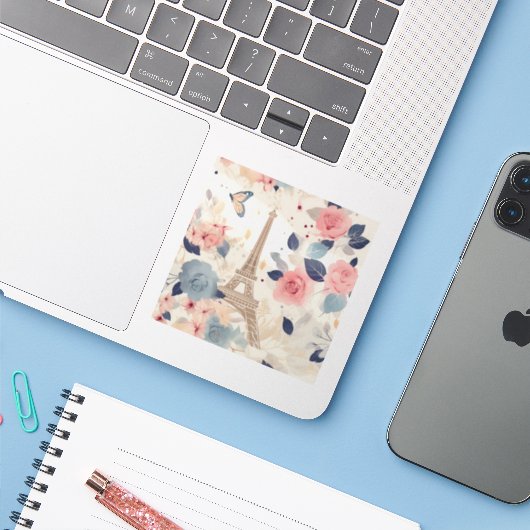 Mooie bloemen en Eiffeltoren Parijs Sticker (Laptop met iPhone)