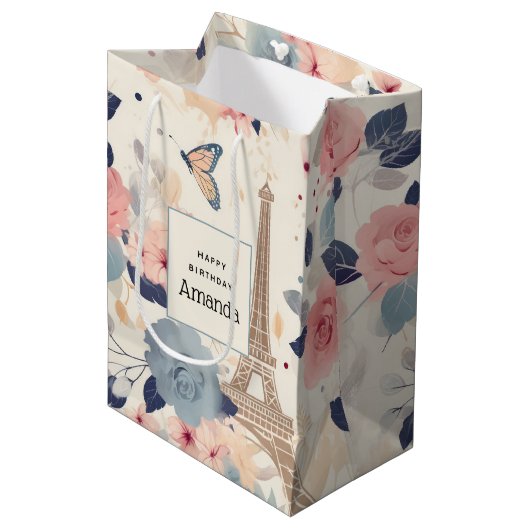 Mooie bloemen en Eiffeltoren Parijs Verjaardag Medium Cadeauzakje (Voorkant Gekanteld)