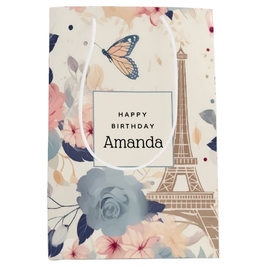 Mooie bloemen en Eiffeltoren Parijs Verjaardag Medium Cadeauzakje (Voorkant)
