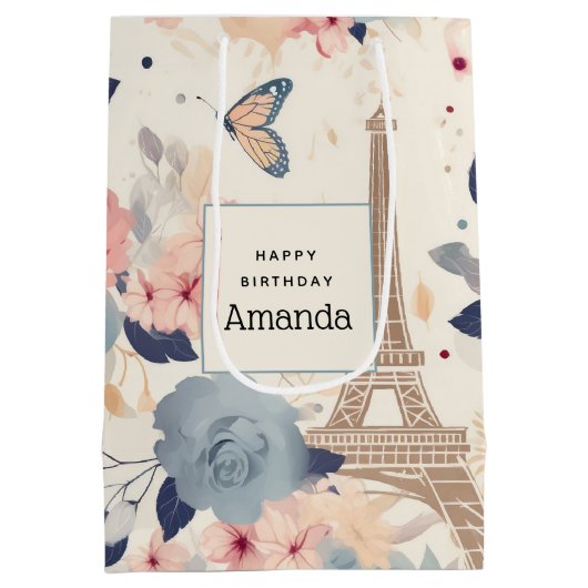 Mooie bloemen en Eiffeltoren Parijs Verjaardag Medium Cadeauzakje (Achterkant)