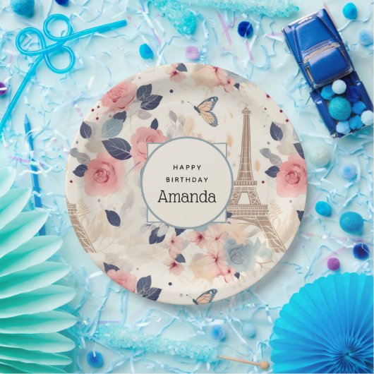 Mooie bloemen en Eiffeltoren Parijs Verjaardag Papieren Bordje (Feest)