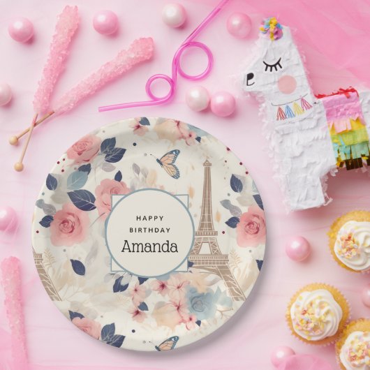 Mooie bloemen en Eiffeltoren Parijs Verjaardag Papieren Bordje (Feest)