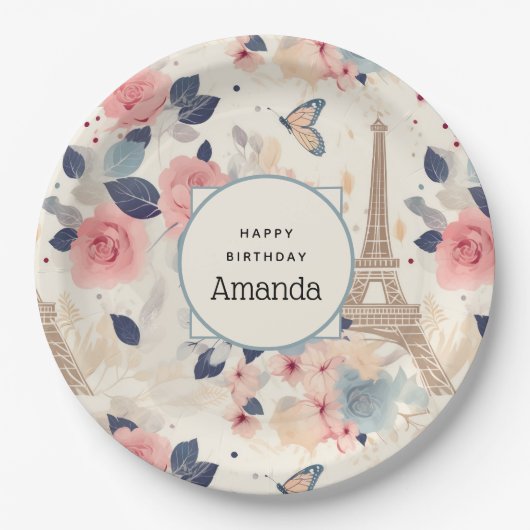 Mooie bloemen en Eiffeltoren Parijs Verjaardag Papieren Bordje (Voorkant)