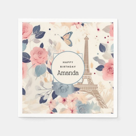 Mooie bloemen en Eiffeltoren Parijs Verjaardag Servet (Voorkant)