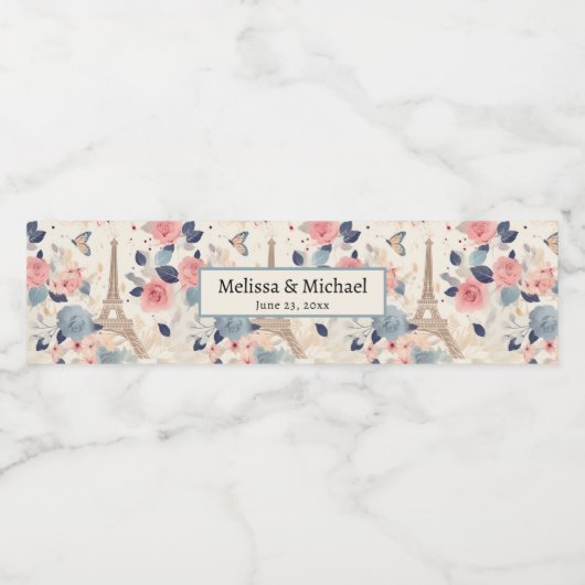 Mooie Bloemen en Eiffeltoren Paris Bruiloft Waterfles Etiket (Enkel label)