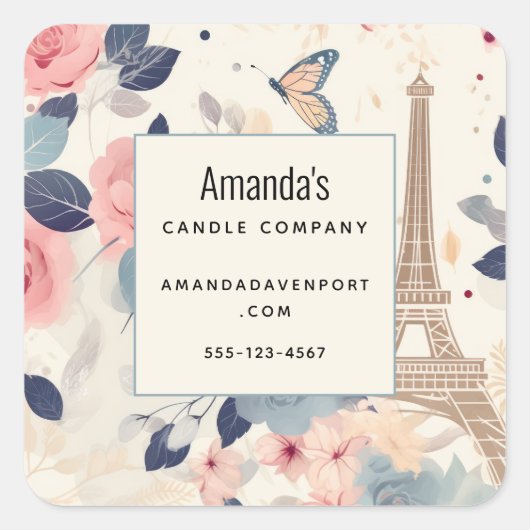 Mooie Bloemen en Eiffeltoren Paris Business Vierkante Sticker (Voorkant)