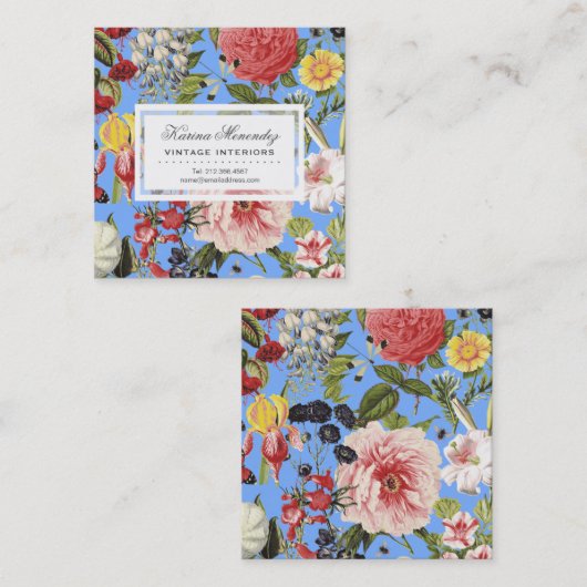 Mooie bloemen en insecten tuinblauw vierkante visitekaartje (Voorkant / Achterkant)