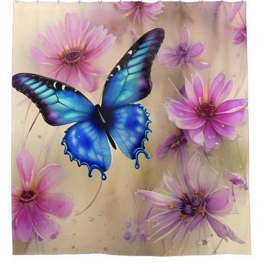 Mooie bloemen en vlinder douchegordijn (Voorkant)