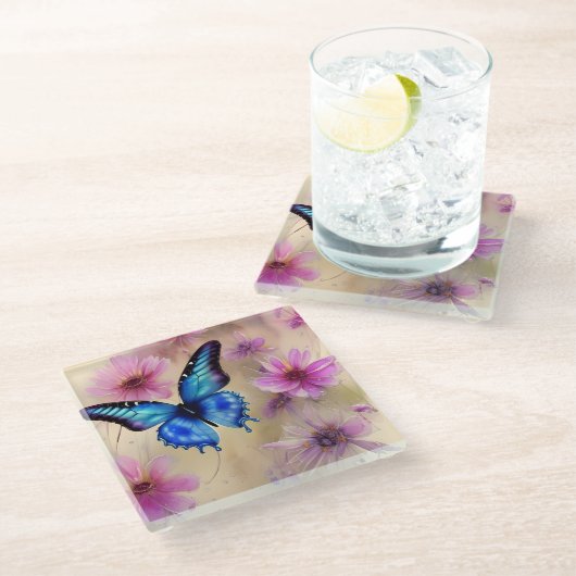 Mooie bloemen en vlinder glazen onderzetter (Schuin)