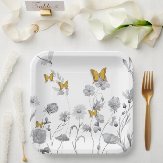 Mooie bloemen en vlinder papieren bordje (Huwelijk)