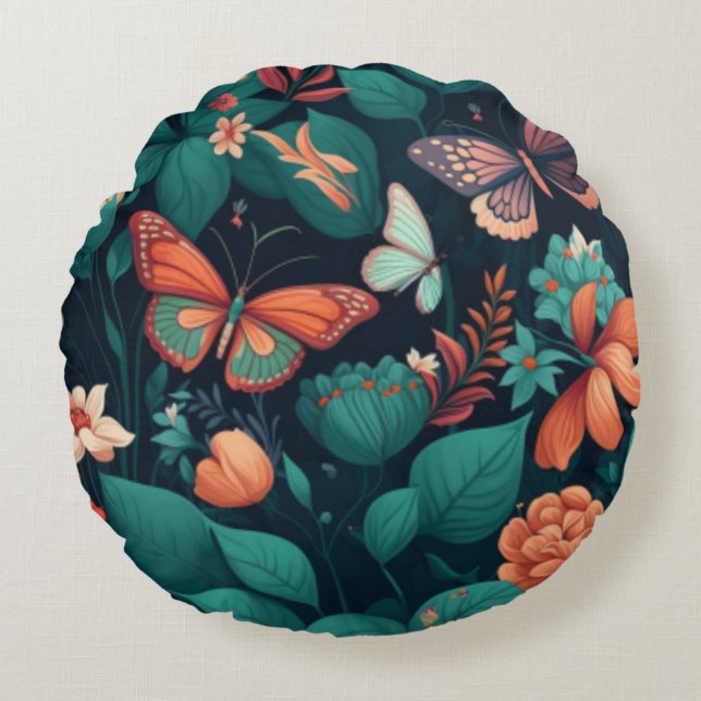 Mooie bloemen en vlinders in het oerwoud rond kussen (Voorkant)