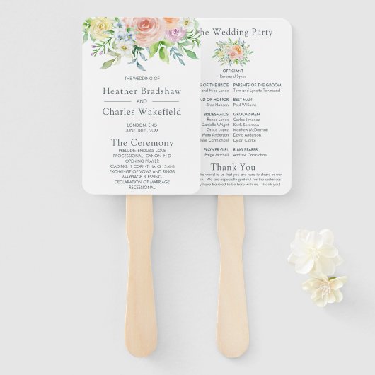 Mooie Bloemen Huwelijksprogramma Handwaaier (Voorkant en achterkant)