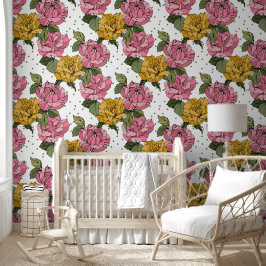 Mooie bloemen in geel en roze met leuke stippen behang