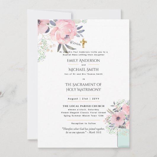 Mooie Bloemen  Katholieke Huwelijksmis Bruiloft Kaart (Voorkant)