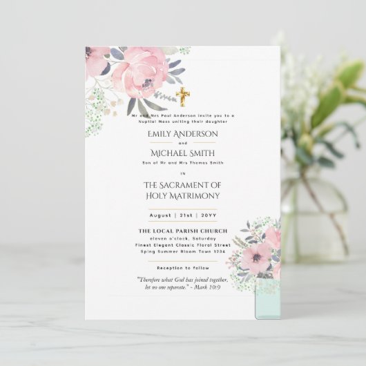 Mooie Bloemen  Katholieke Huwelijksmis Bruiloft Kaart (Staand voorkant)