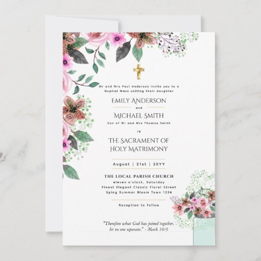 Mooie Bloemen  Katholieke Huwelijksmis Bruiloft Kaart (Voorkant)