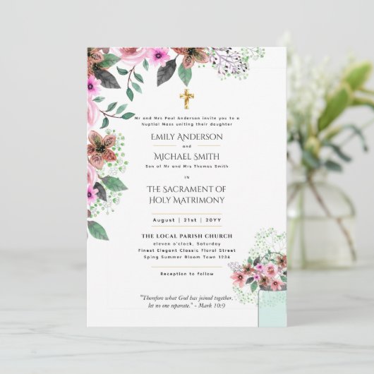 Mooie Bloemen  Katholieke Huwelijksmis Bruiloft Kaart (Staand voorkant)