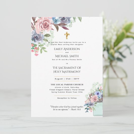 Mooie Bloemen Katholieke Huwelijksmis Bruiloft Kaart (Staand voorkant)